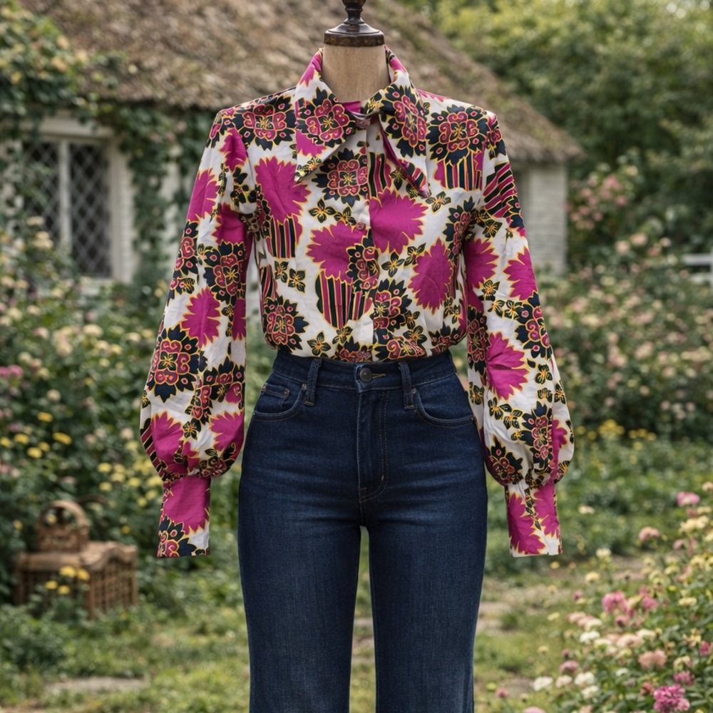 Vintage 1970s JC Penny Vibrant Pink Floral Button-Up Blouse With Bishop Sleeves
